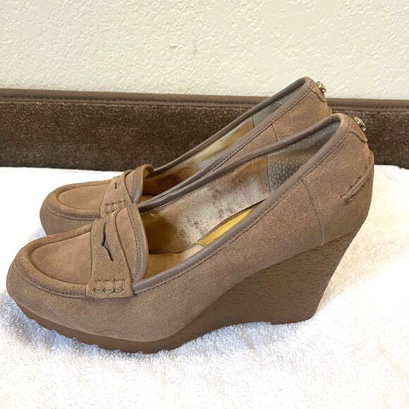 Michael Kors MK Women's Leather High Heel Loafer Pump Wedges Size 7 - Picture 2 of 13